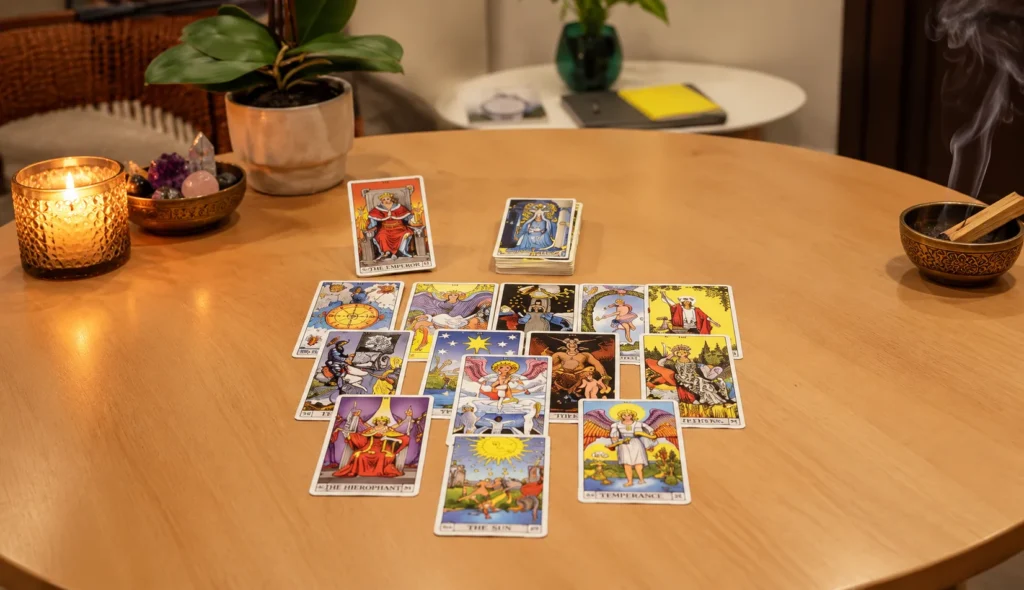 Consultorio de Eduardo Tabeira en Asunción: mesa con cartas de tarot, velas y sahumerio